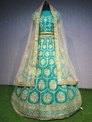 Blue thread embroidery silk unstitched lehenga 1