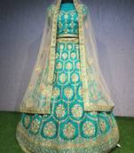 Blue thread embroidery silk unstitched lehenga