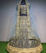 Navy-blue thread embroidery silk unstitched lehenga