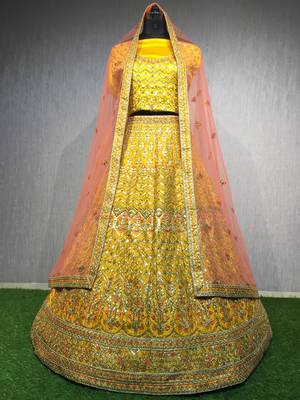 Mustard thread embroidery silk unstitched lehenga 1