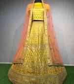 Mustard thread embroidery silk unstitched lehenga