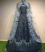 Navy-blue thread embroidery silk unstitched lehenga