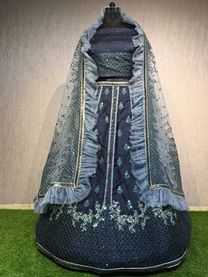 Navy-blue thread embroidery silk unstitched lehenga 1