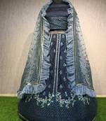 Navy-blue thread embroidery silk unstitched lehenga
