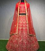 Red thread embroidery silk unstitched lehenga