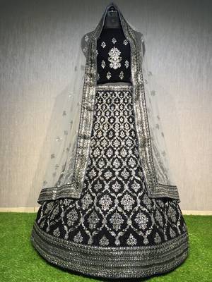 Navy-blue thread embroidery velvet unstitched lehenga 1
