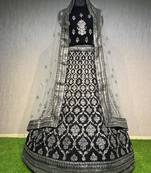 Navy-blue thread embroidery velvet unstitched lehenga