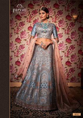 Navy-blue thread embroidery silk unstitched lehenga 1