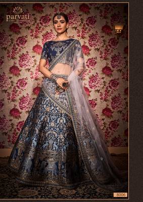 Navy-blue thread embroidery silk unstitched lehenga 1