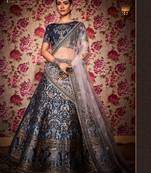Navy-blue thread embroidery silk unstitched lehenga