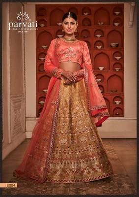 Beige thread embroidery silk unstitched lehenga 1