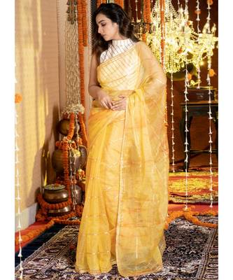 Yellow Tie Dye Saree With Gota Stripes And Border Organza_sarees 1