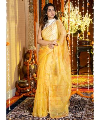 Yellow Tie Dye Saree With Gota Stripes And Border Organza_sarees 2