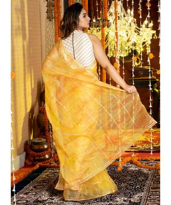 Yellow Tie Dye Saree With Gota Stripes And Border Organza_sarees 3