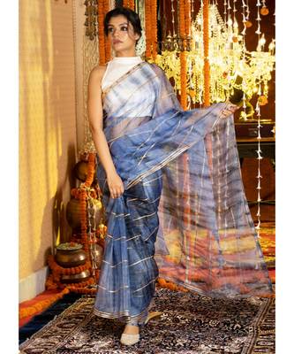 Blue On Blue  Tie Dye Saree With Gota Stripes And Border Organza_sarees 1