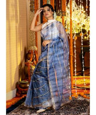 Blue On Blue  Tie Dye Saree With Gota Stripes And Border Organza_sarees 2