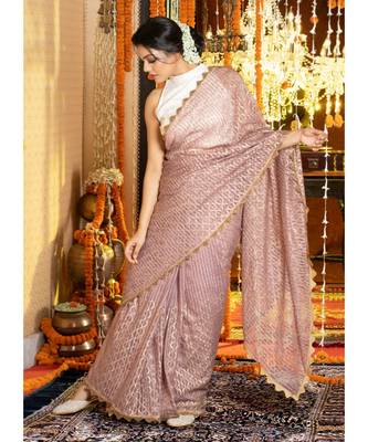 Old Rose Stripe Organza Saree With Golden Print And Border Organza_sarees 1