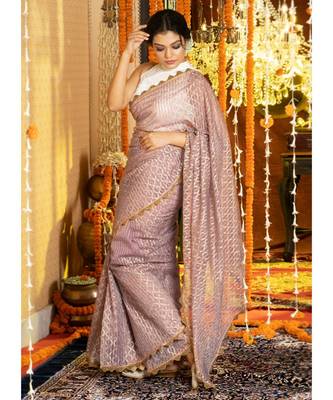 Old Rose Stripe Organza Saree With Golden Print And Border Organza_sarees 2