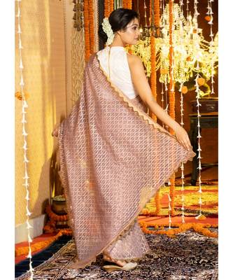 Old Rose Stripe Organza Saree With Golden Print And Border Organza_sarees 3