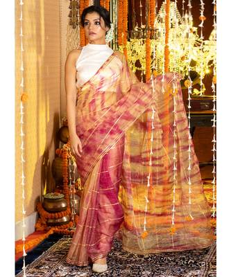 Magenta And Yellow Tie Dye Saree With Gota Stripes And Border Organza_sarees 1