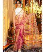 Magenta And Yellow Tie Dye Saree With Gota Stripes And Border Organza_sarees