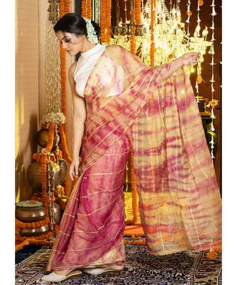 Magenta And Yellow Tie Dye Saree With Gota Stripes And Border Organza_sarees 2