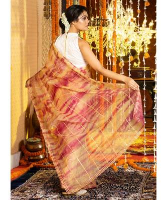Magenta And Yellow Tie Dye Saree With Gota Stripes And Border Organza_sarees 4