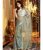 Blue On Teal  Tie Dye Saree With Gota Stripes And Border Organza_sarees