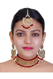 Red Copper Base Kundan Necklace with Earrings & Mang Tika