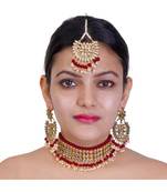 Red Copper Base Kundan Necklace with Earrings & Mang Tika