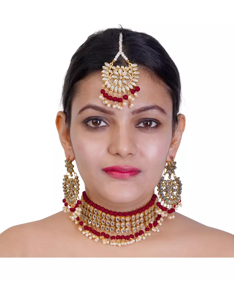 Red Copper Base Kundan Necklace with Earrings & Mang Tika