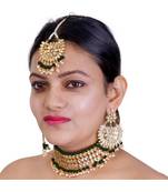 Green Copper Base Kundan Necklace with Earrings & Mang Tika