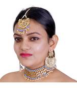 Grey Copper Base Kundan Necklace with Earrings & Mang Tika