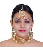 Gold Copper Base Kundan Necklace with Earrings & Mang Tika