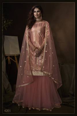  Pink Sequins Embroidered Net Sharara Suit 1