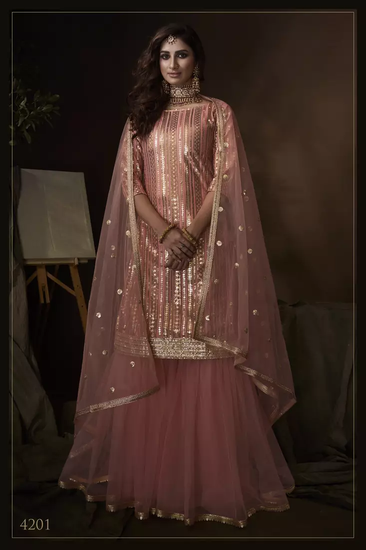 Enchanting Pink sequins embroidered net fabric sharara suit