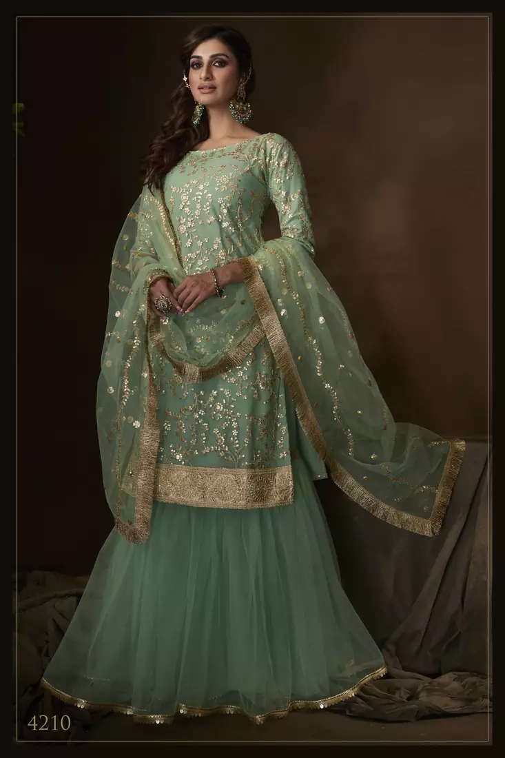 Green sequins embroidered net sharara suit