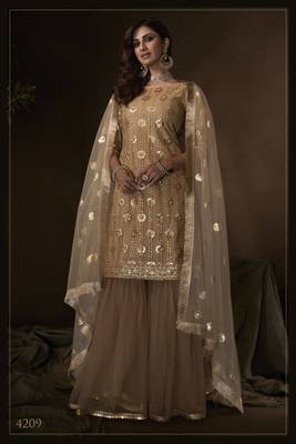 Catching Beige sequins embroidered net fabric sharara suit 1