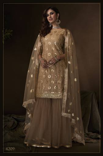 Beige sequins embroidered net sharara suit