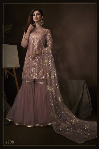 Purple sequins embroidered net sharara suit
