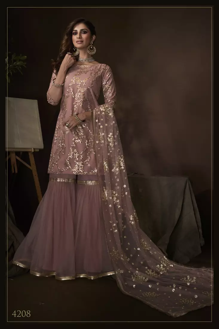 Purple sequins embroidered net sharara suit