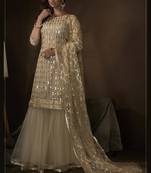 Beige sequins embroidered net sharara suit
