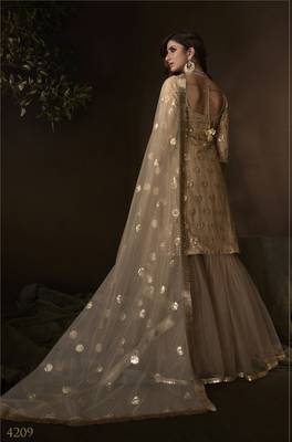 Catching Beige sequins embroidered net fabric sharara suit 4