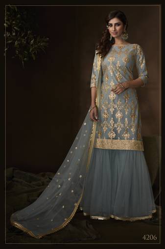 Grey sequins embroidered net sharara suit
