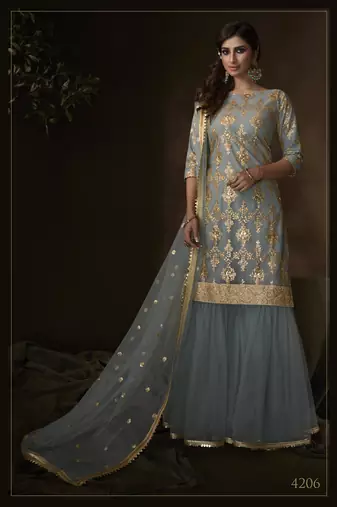 Grey sequins embroidered net sharara suit