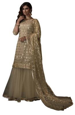 Beige sequins embroidered net sharara suit 4