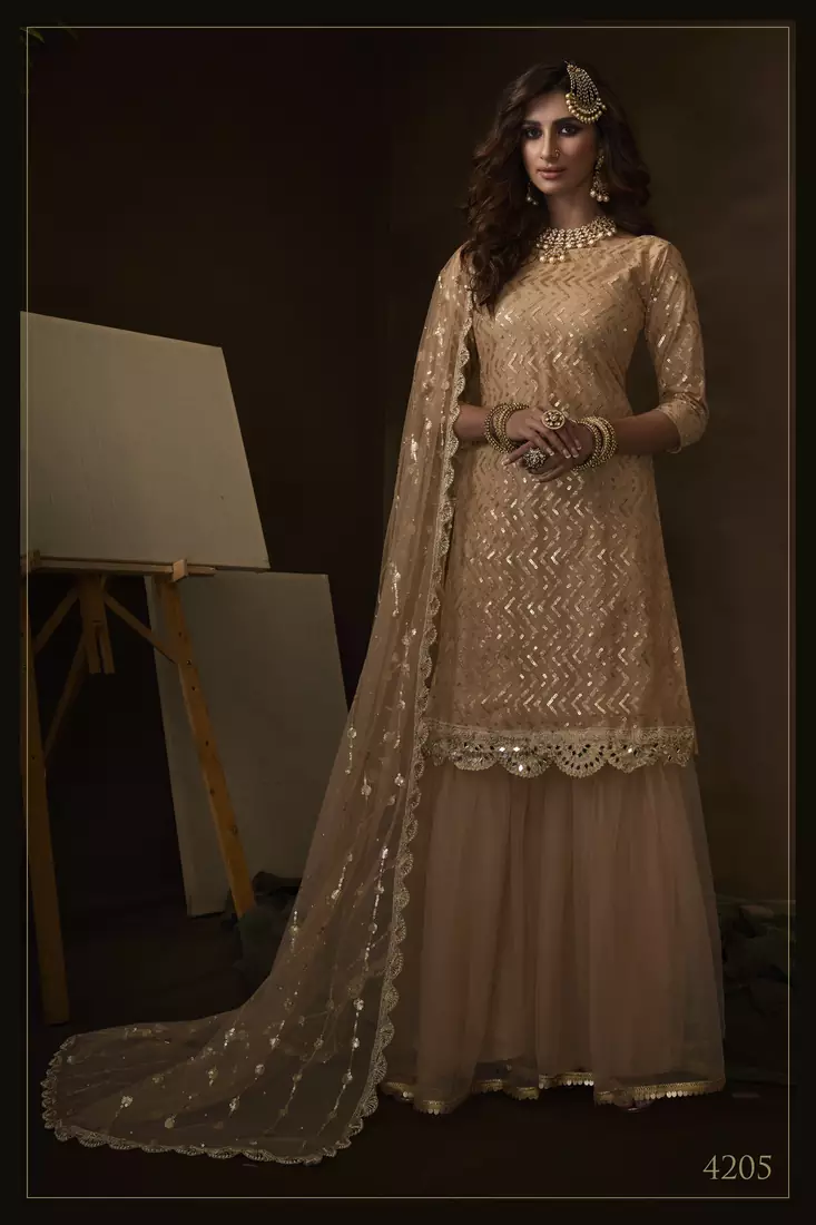 Beige sequins embroidered net sharara suit