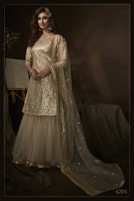 Bewitching Beige sequins embroidered net fabric sharara suit 1