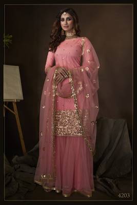 Pink Sequins Embroidered Net Sharara Kameez Designs 1