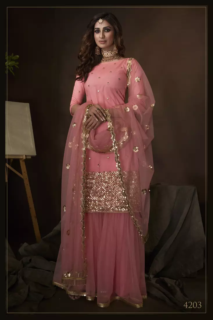 Fetching Pink sequins embroidered net fabric sharara Kameez Designs